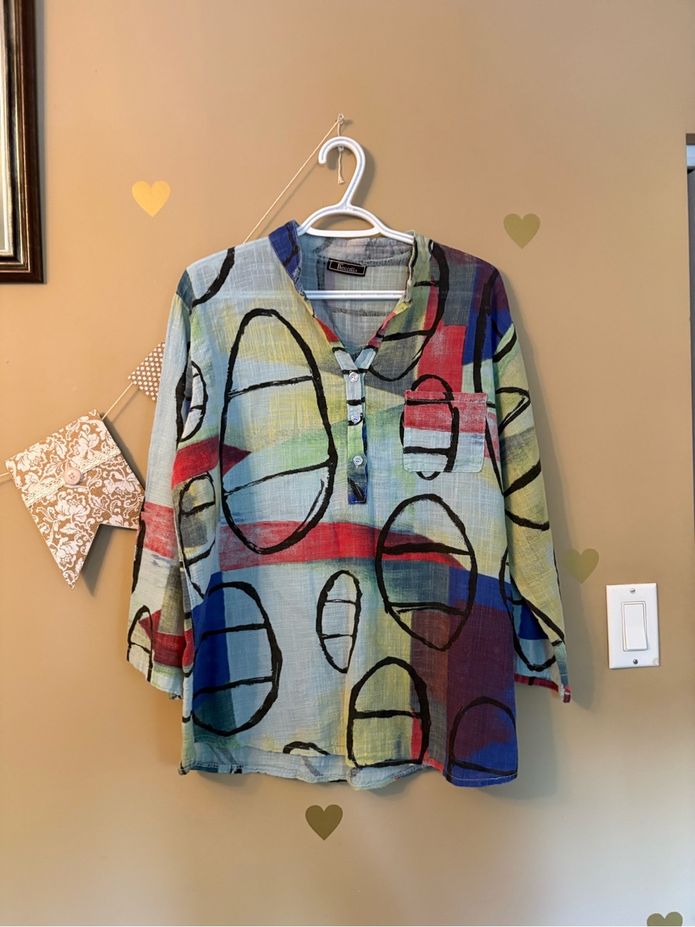 Italian Abstract Multicolor Linen-Blend Tunic Top - Relaxed V-Neck - Picture 2 of 10